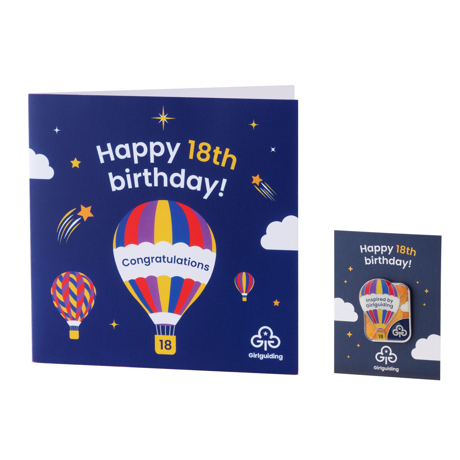Happy 18th birthday pin badge and card